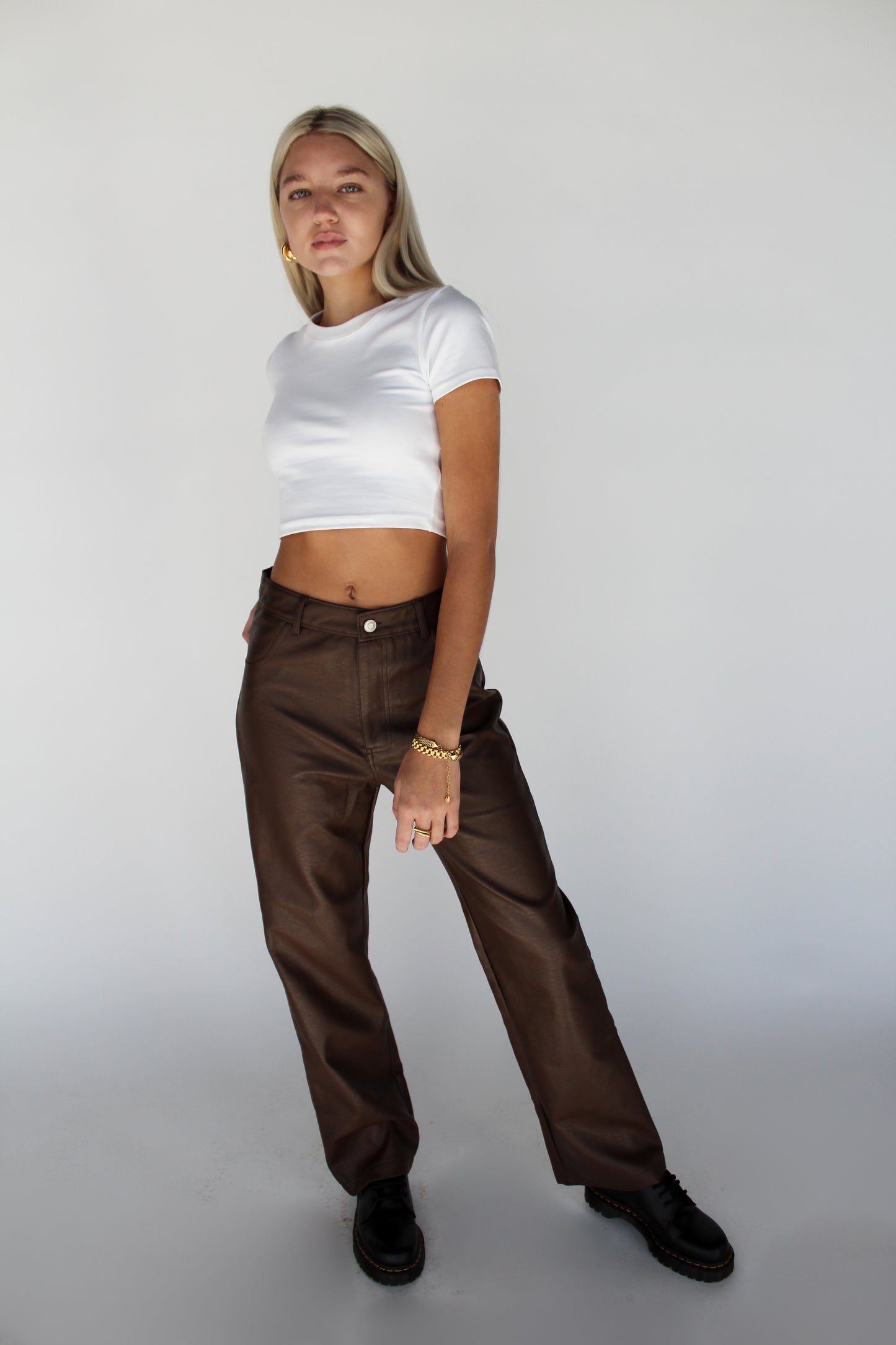 chocolate faux leather pants