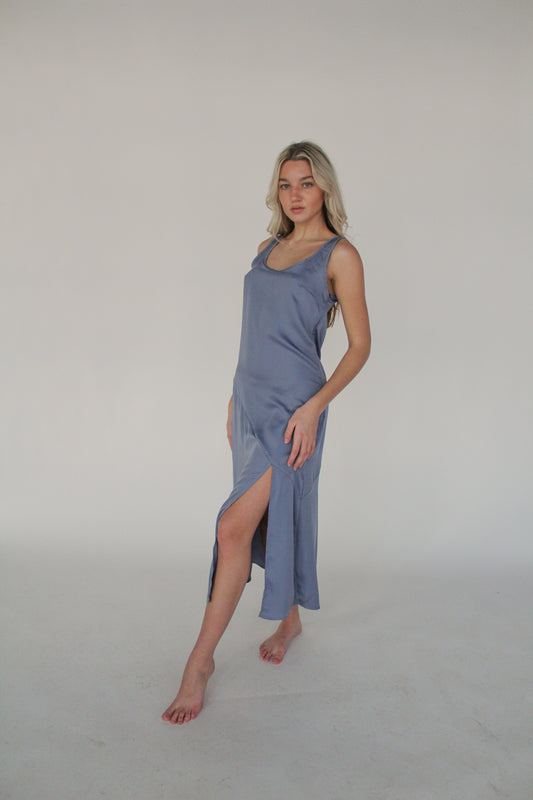 lacey slip dress in slate blue