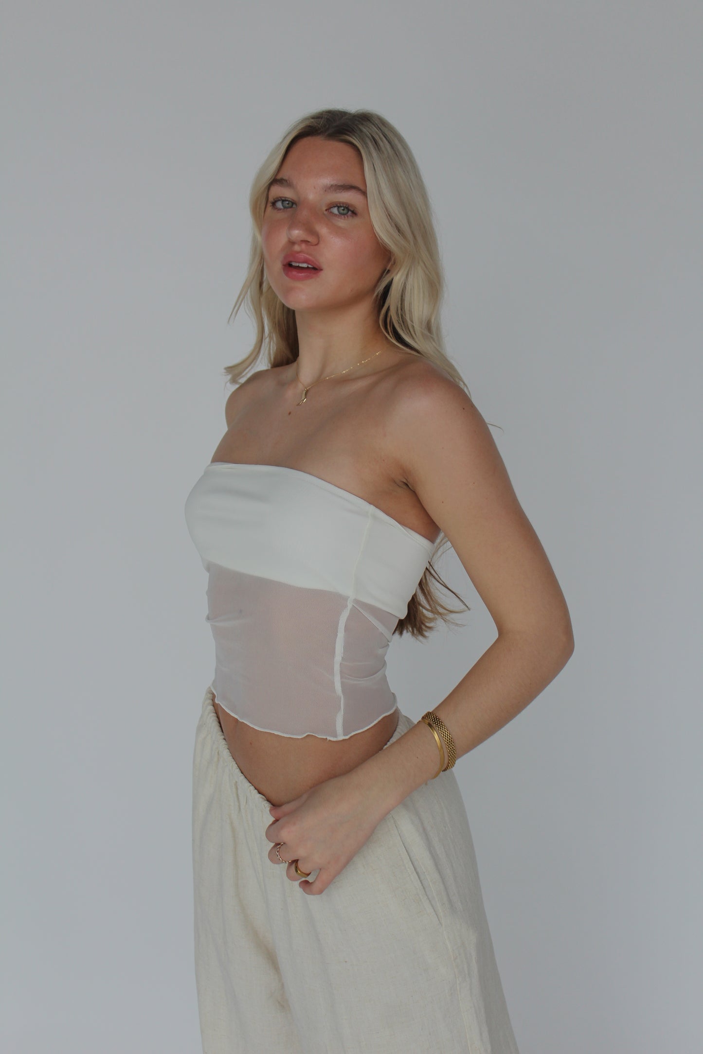 colin mesh strapless top in white