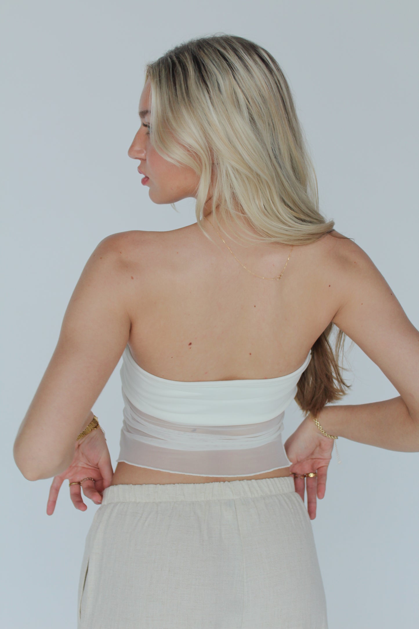 colin mesh strapless top in white