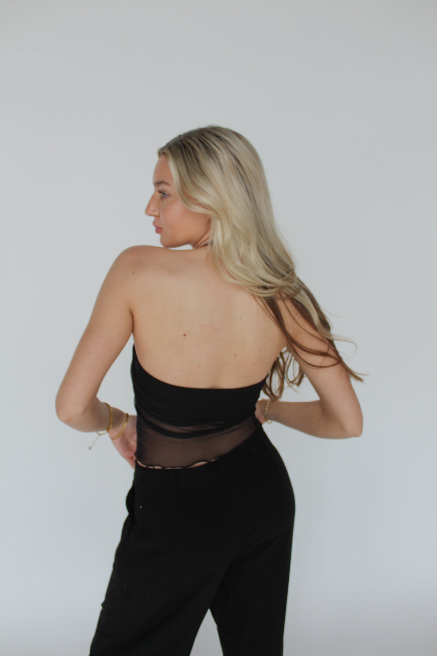 colin mesh strapless top in black